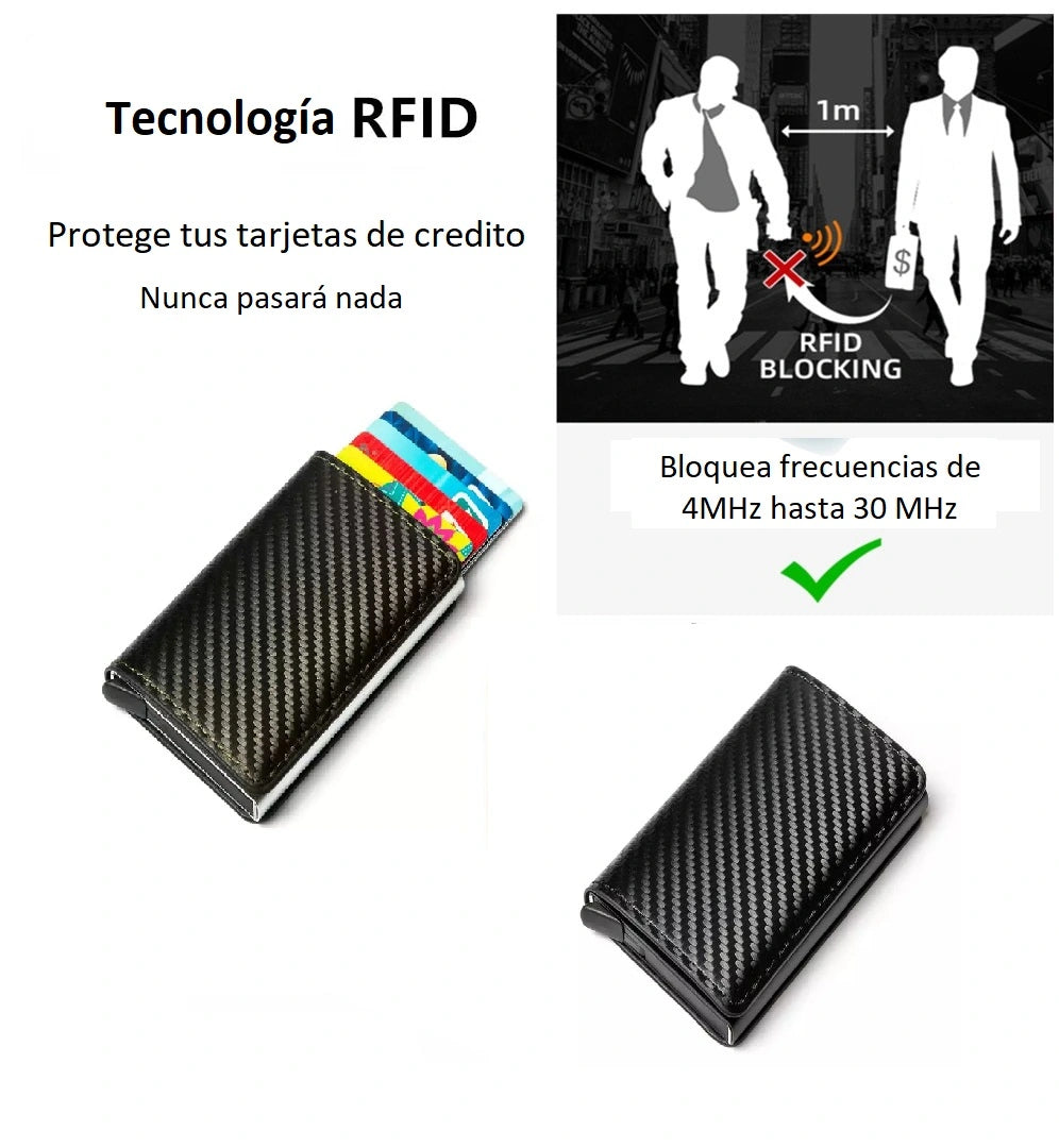 Billetera para hombre negra, elegante y segura con bloqueo RFID.