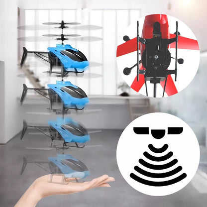 Drone para niños en forma de helicóptero rojo con control remoto.